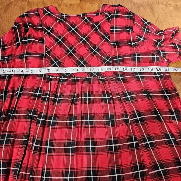 Lola P. Women’s L Boho Peasant Plaid Lace Trimmed Bell Sleeve Tunic Relaxed NWT - Picture 2 of 14